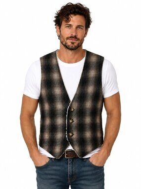 True Grit Wool Vest Mens Sz Small Gray Plaid Sherpa Lined Quilted Back USA